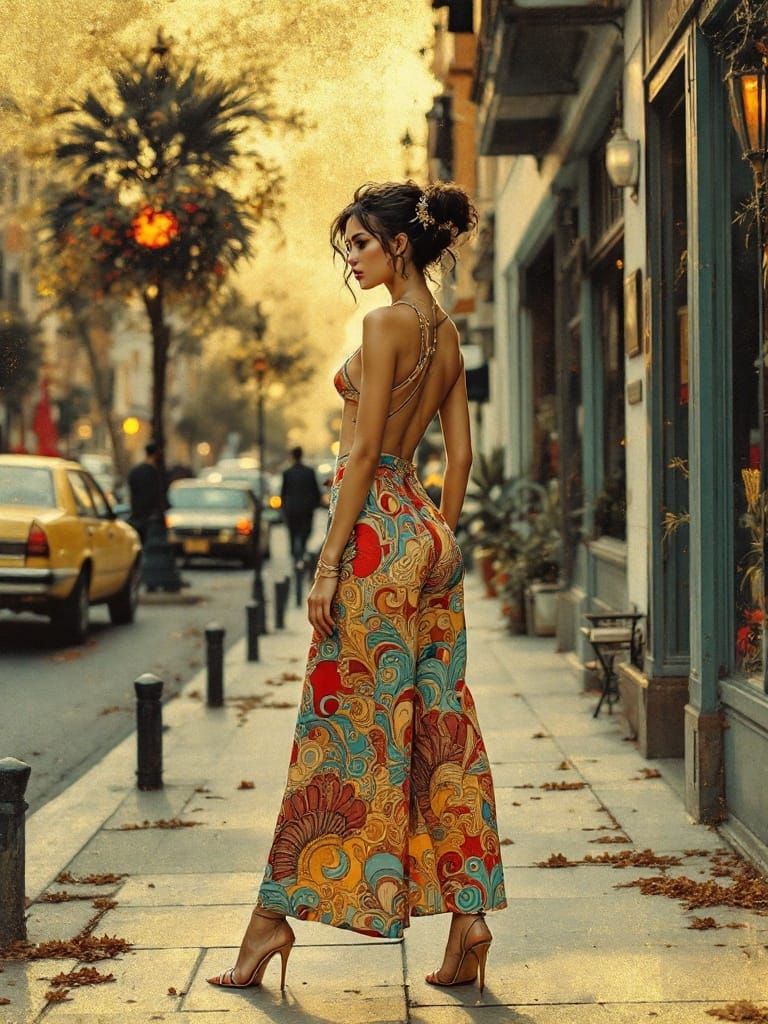 Jewel-Toned Miniature of a 1970s Woman in High Fashion