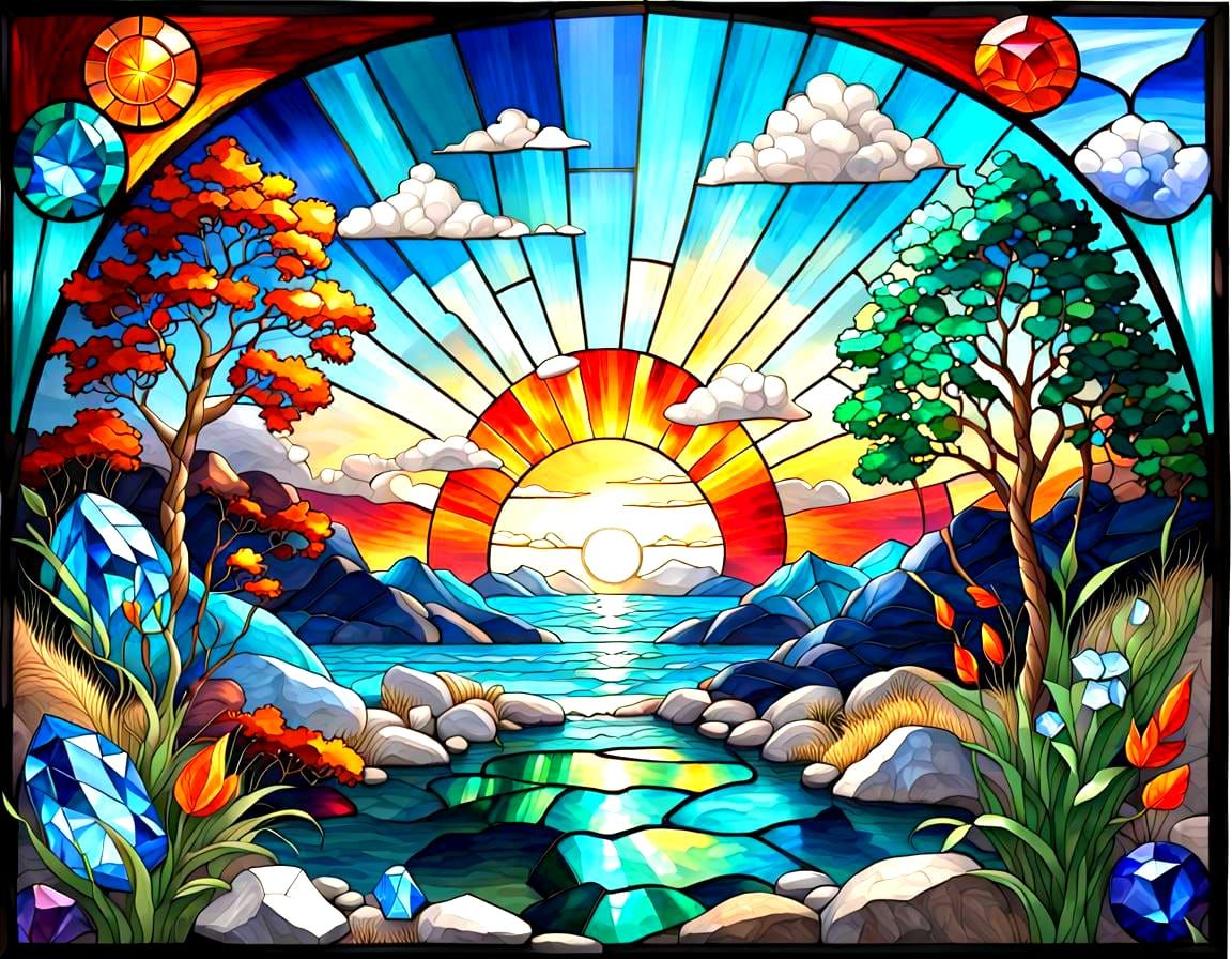 Vibrant Stained Glass Landscape in Colorful Gemstones