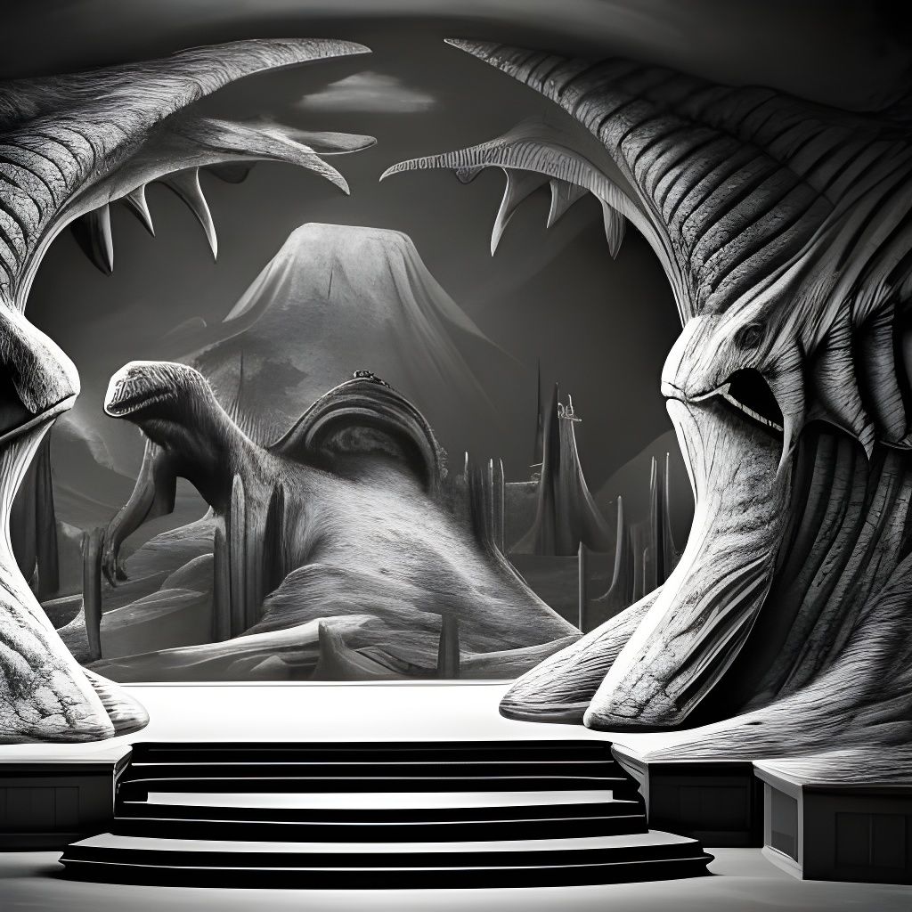 Empty Dinosaur Museum Hall in Black and White