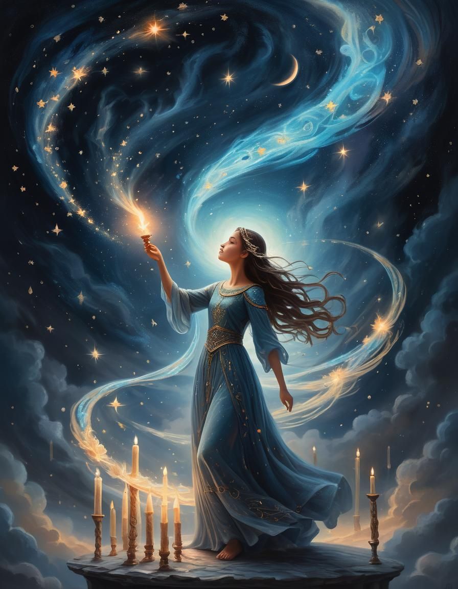 Ethereal Candlelighter in Dreamlike Celestial Oil Painting