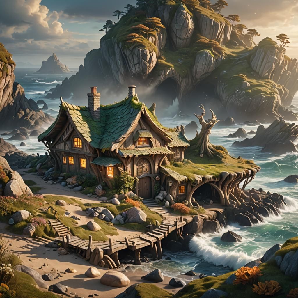 Magical Elven Cottage Sheltered by Seashell: 3D Art