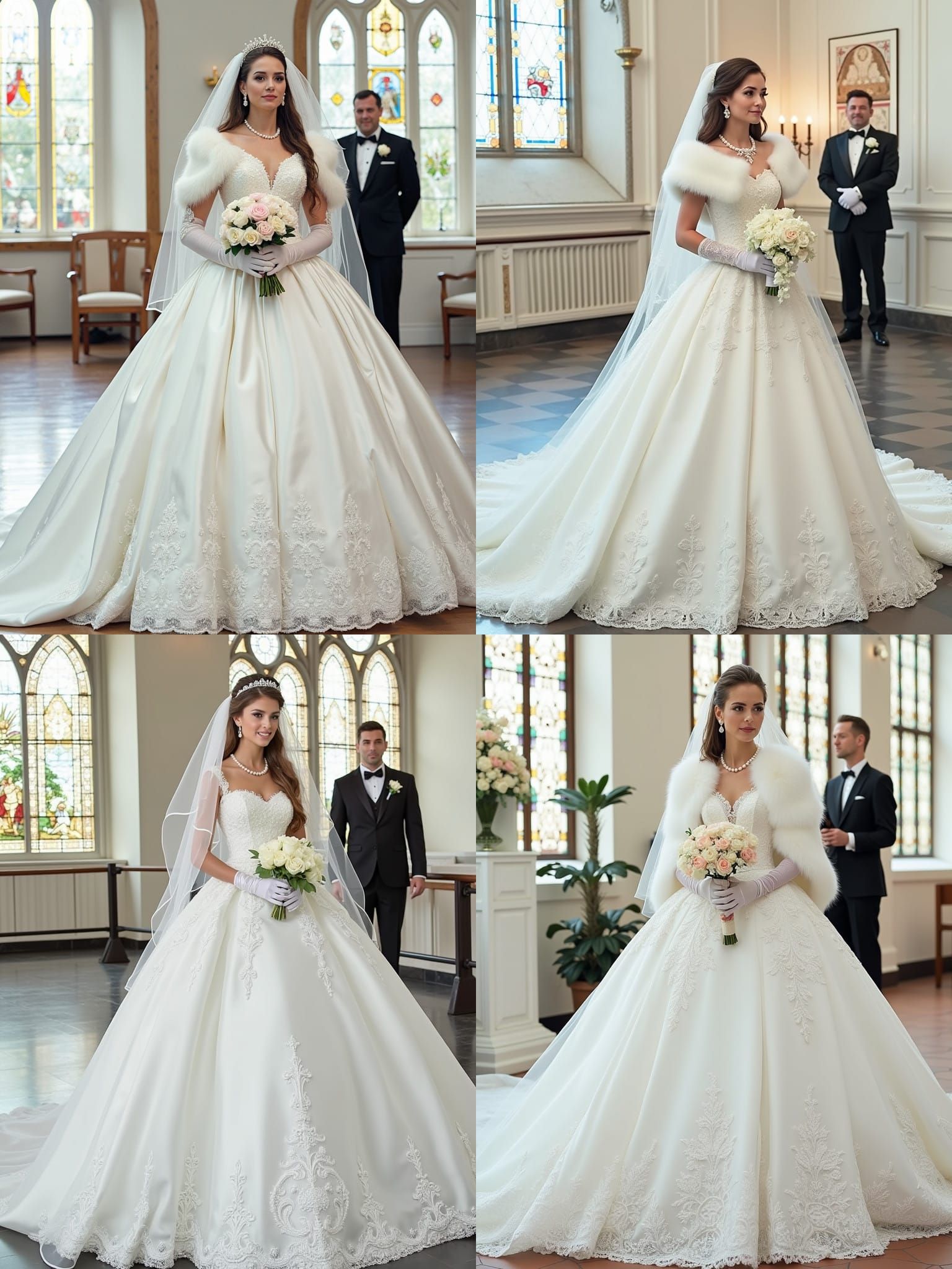 Elegant Bride in White Satin Gown with Pearl Accents