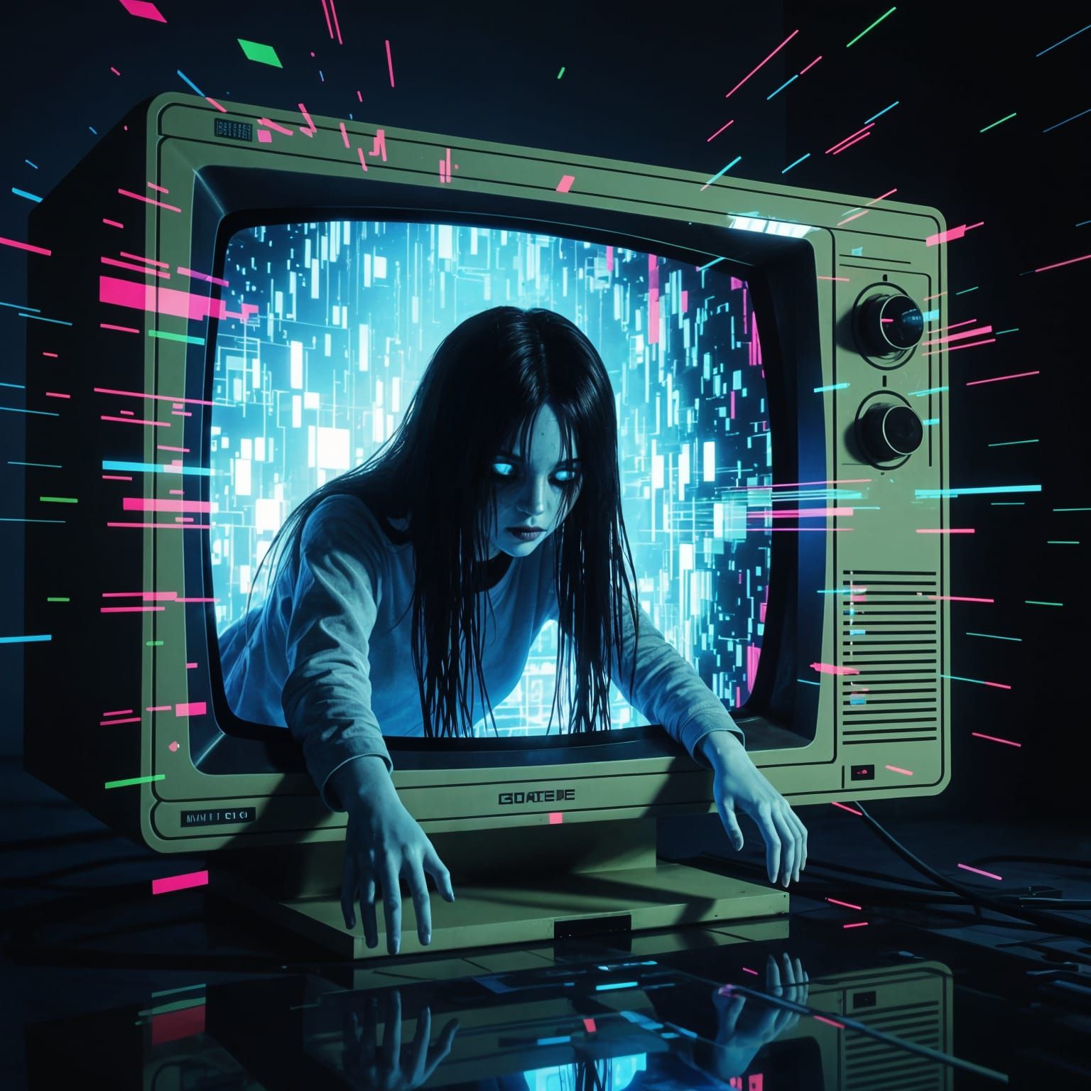 Eerie Glitch Art Scene with Ghostly Figure