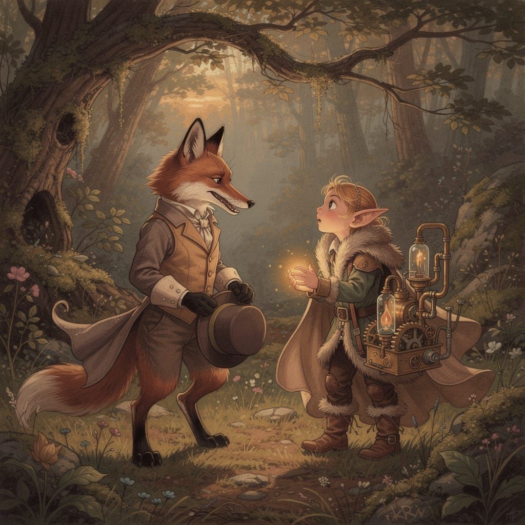 A fairy tale illustration depicting a moment of interaction between a sly fox and a curious elf. The fox, wearing a wais...