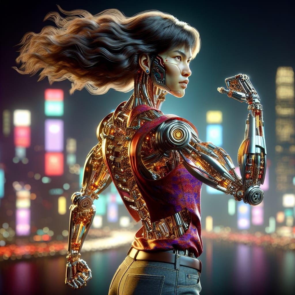 Cybernetic Woman in Neon Cityscape: Matte Painting