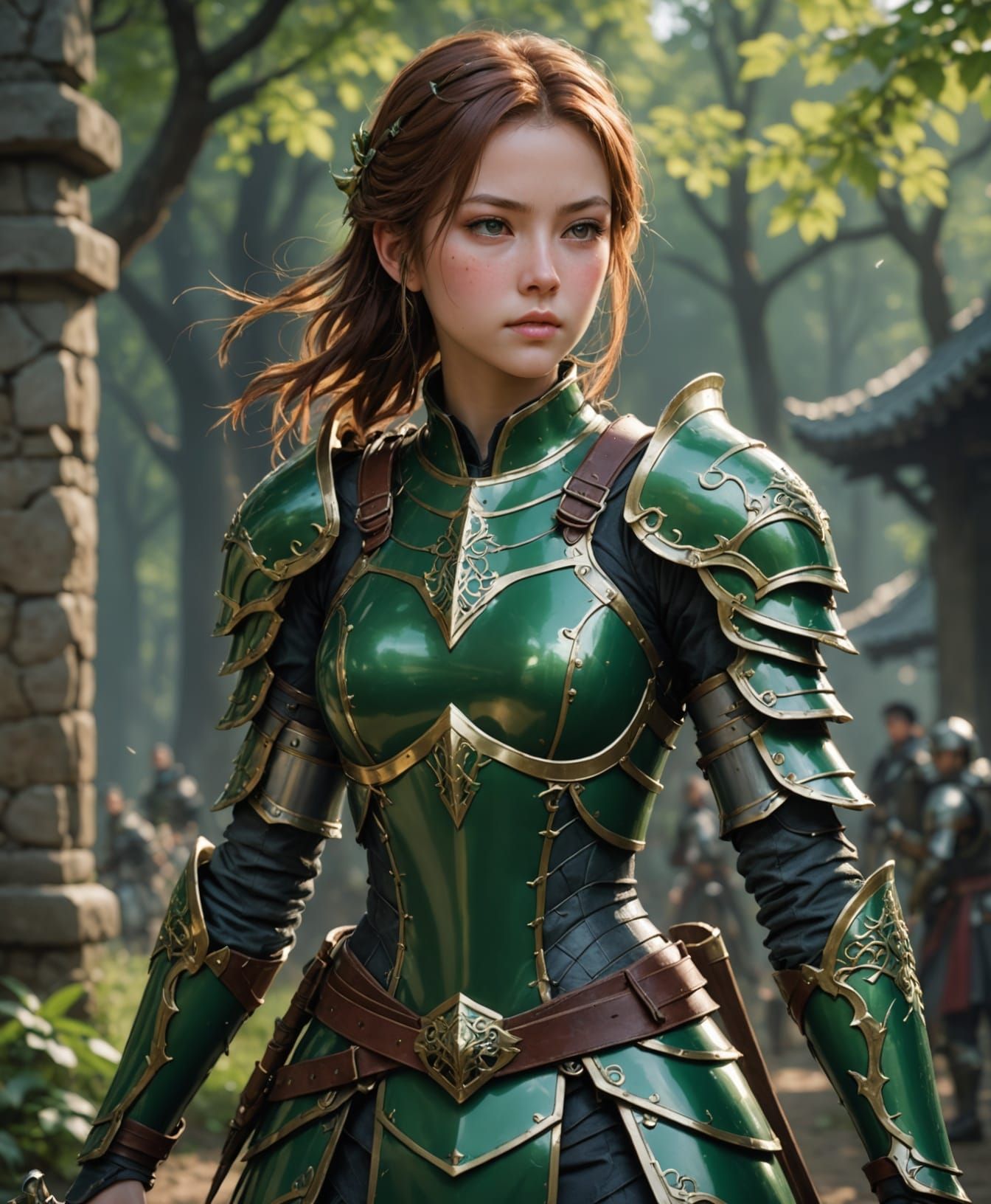 Young maiden warrior, wearing green armor