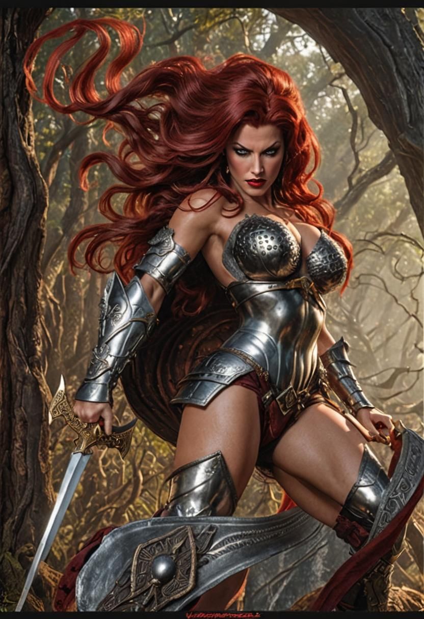 Red Sonja, long thick red 1970’s beehive hair, black eyeliner, red lipstick, 64K resolution, hyper photorealistic, breat...