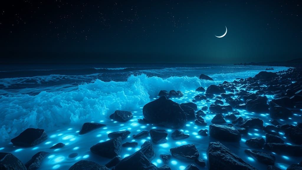 Bioluminescent Bubbles on Rocky Shoreline at Night