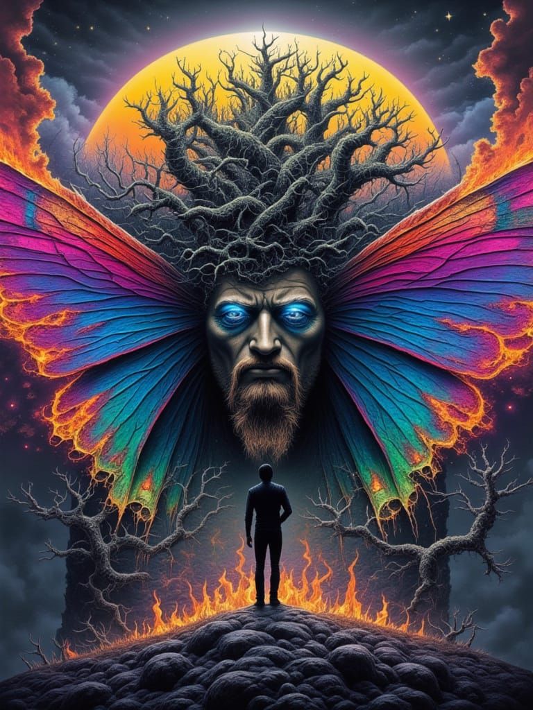 Surreal Moth Man Under Rainbow Eclipse Lightning