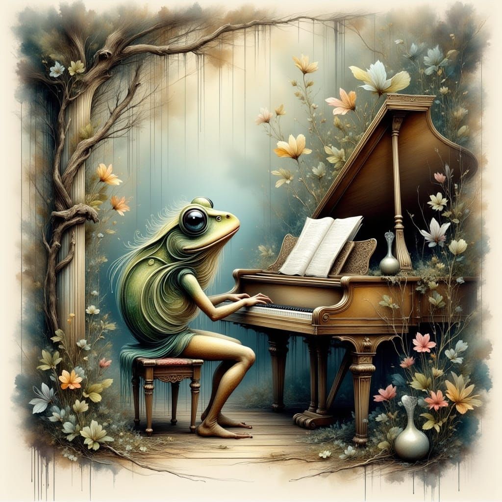 Frog Playing Piano with Ink Line Art