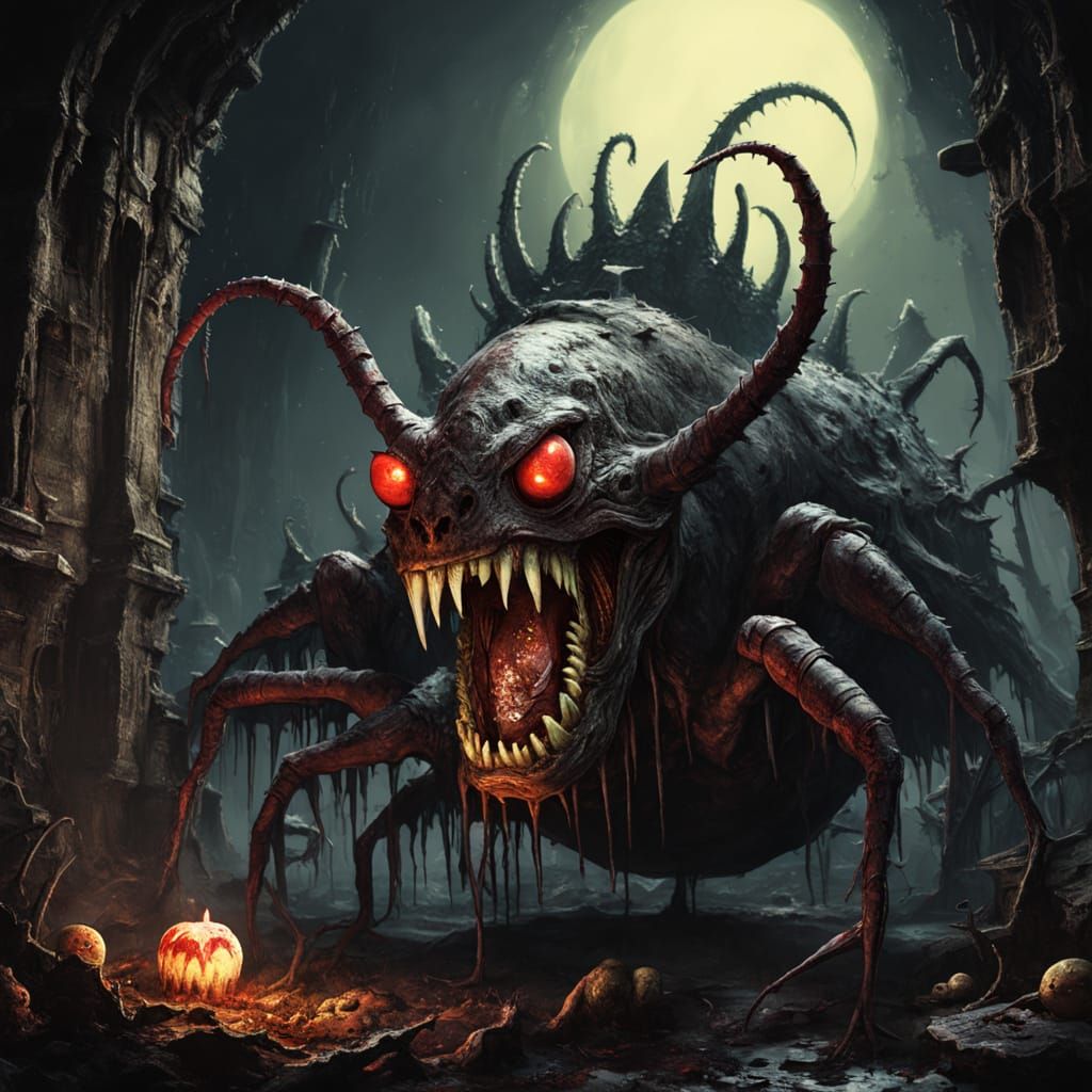 Glowing Mantis Beast Amidst Dark Tomb Ruins