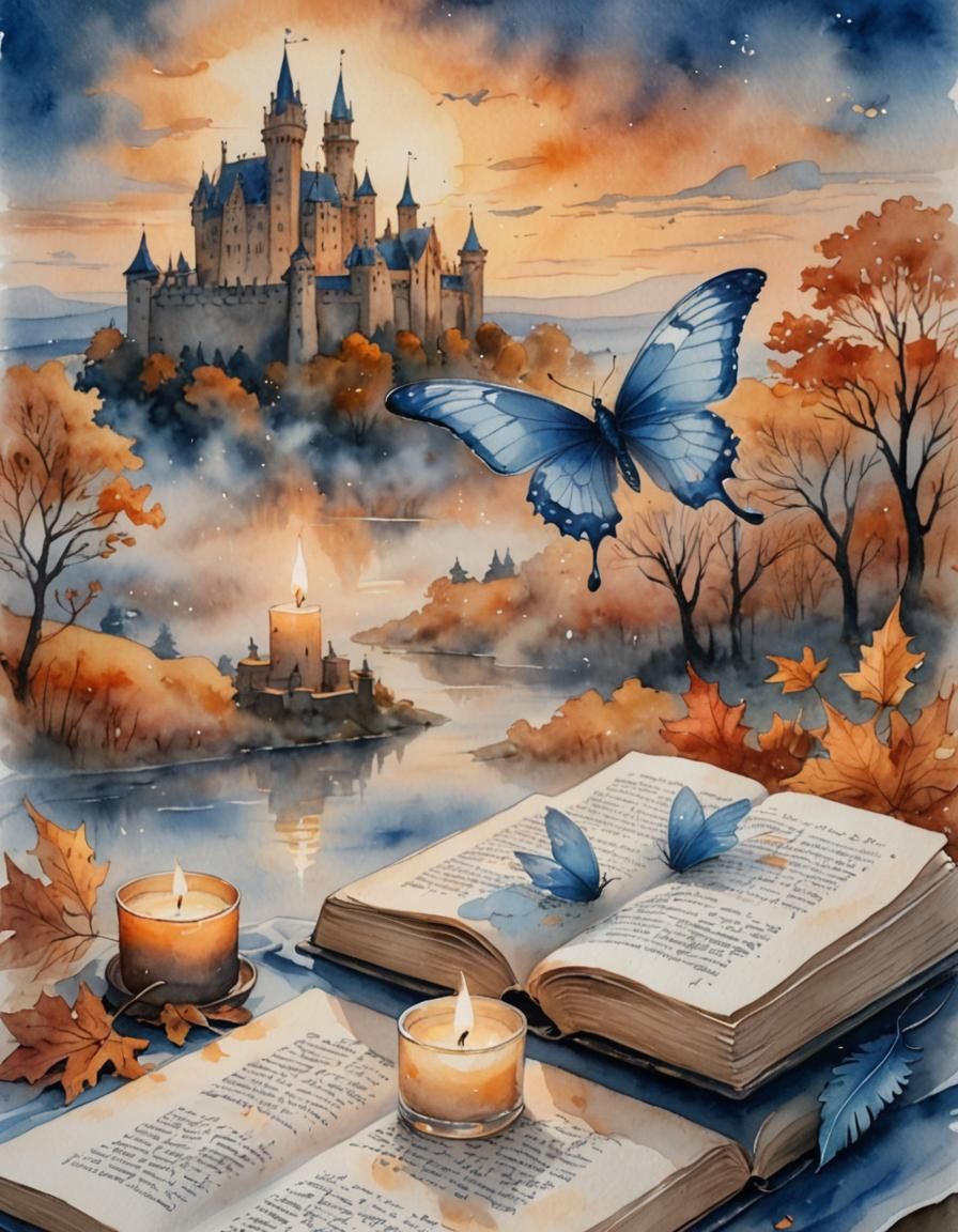 Watercolor Butterfly Overlooking Castle at Dusk