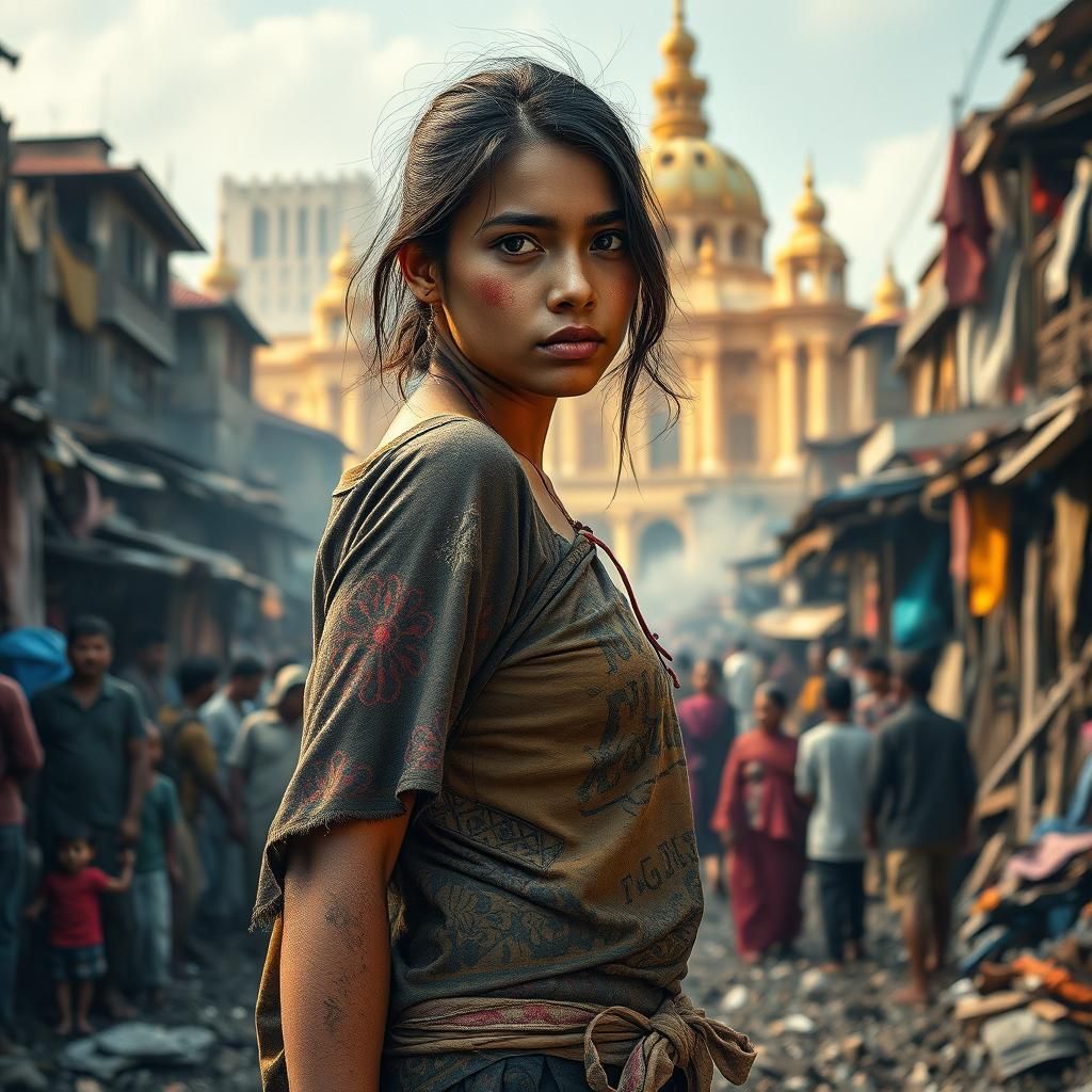 Slum Woman Contrasted With Ornate Palace