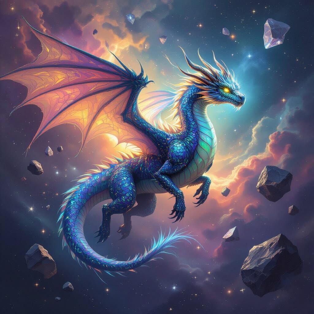Bioluminescent Dragon Soaring Through a Nebula