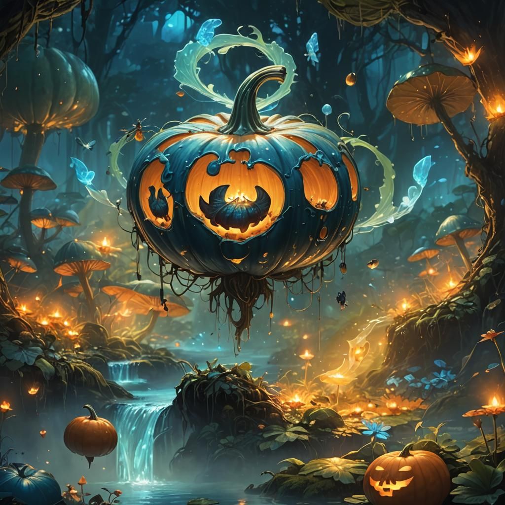 Flying Pumpkins in Iridescent Insect Swarm