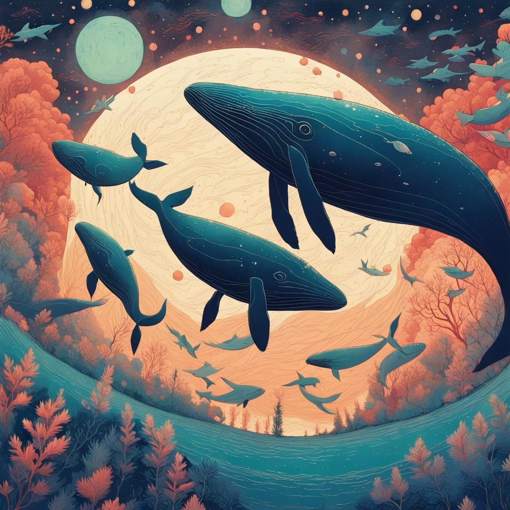Flying whales in night sky 2