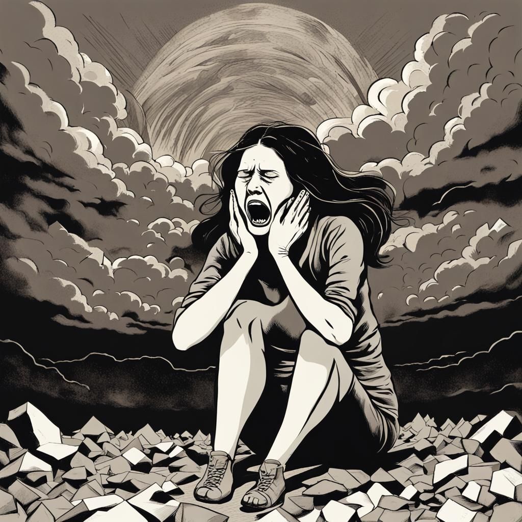 Distressed Woman Amidst Apocalyptic Chaos