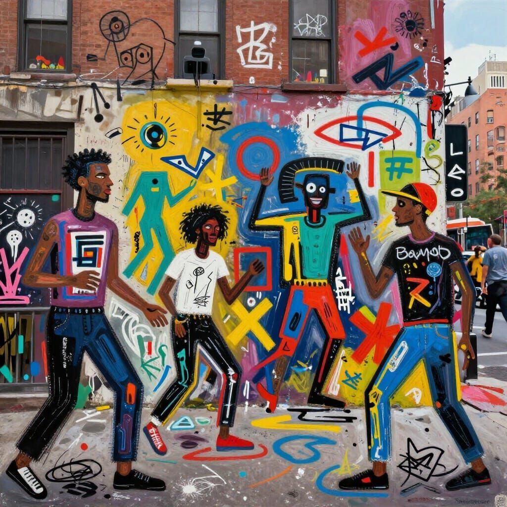 Vibrant Neo-Expressionist Urban Scene in Basquiat Style
