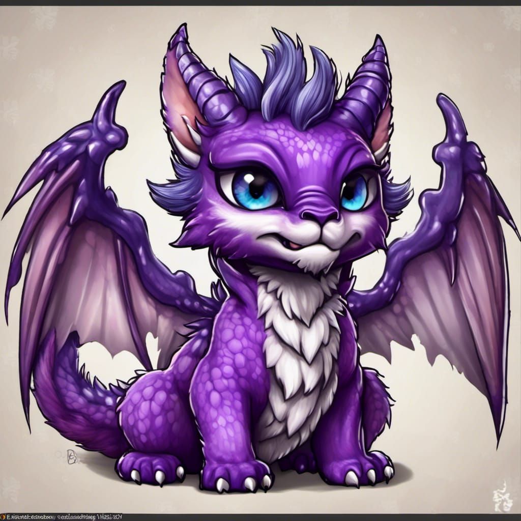 Fearsome Winged Purple Fluffy Chibi Dragon