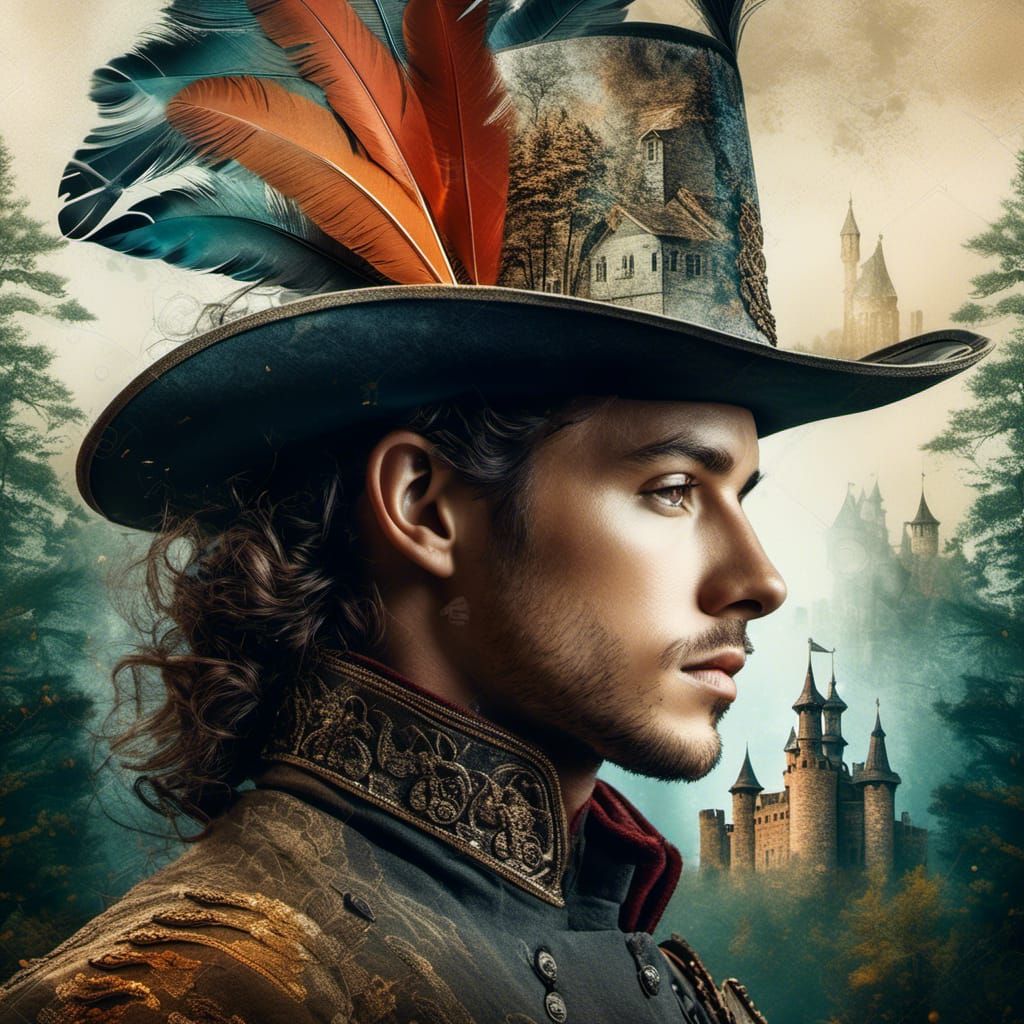 Musketeer Portrait in Double Exposure Watercolor Style