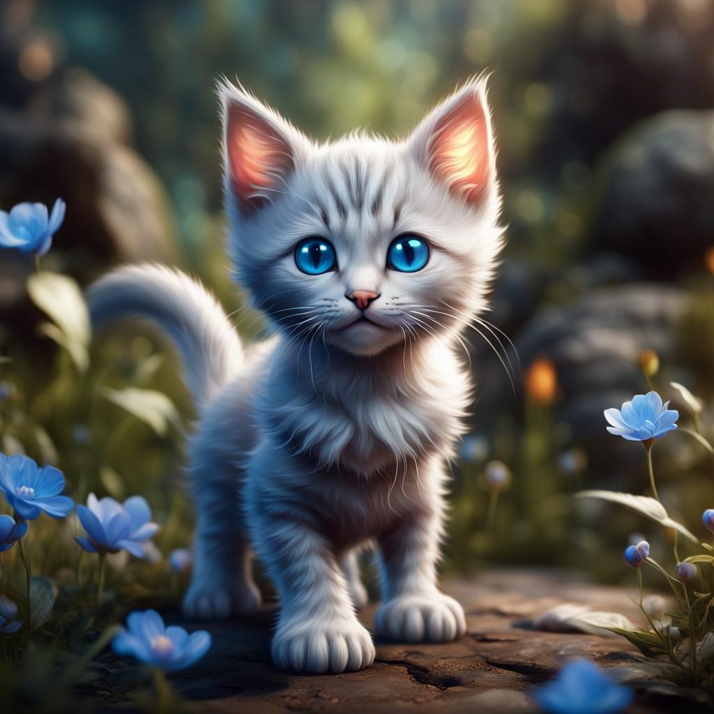 Blue-Eyed Kitten Plays: Detailed Digital Art