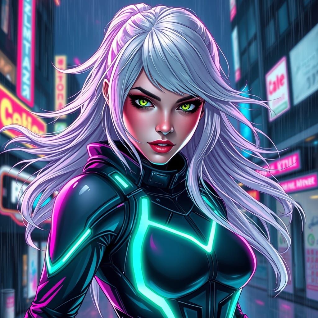 Cyberpunk Superheroine in Neon Cityscape