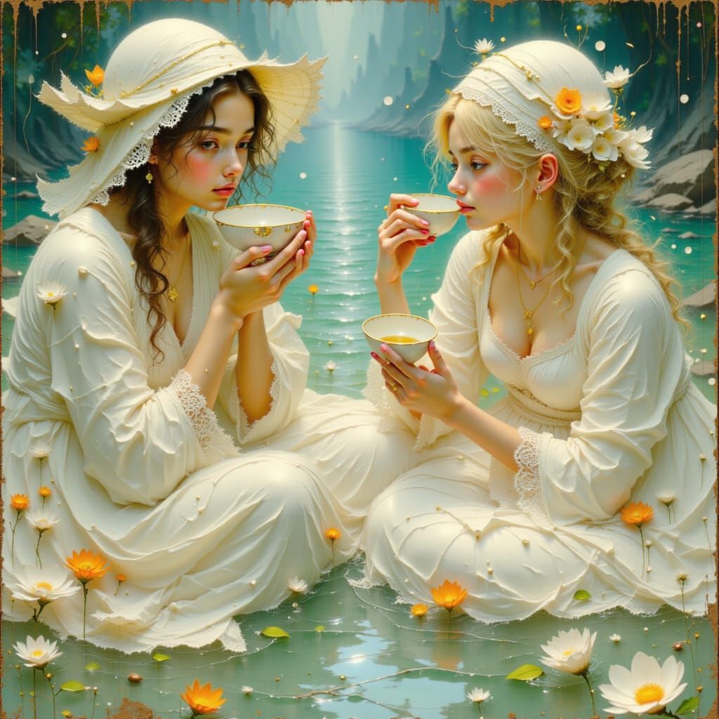 Nymphs Sip Tea in Dreamlike Waterscape