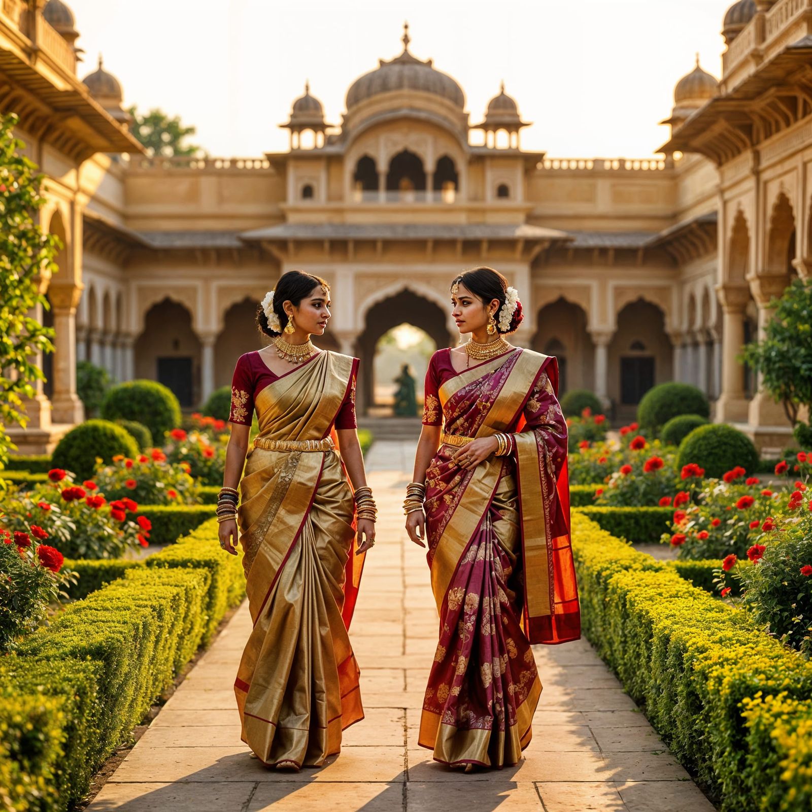 Elegant Indian Women in Rajasthan Palace Gardens