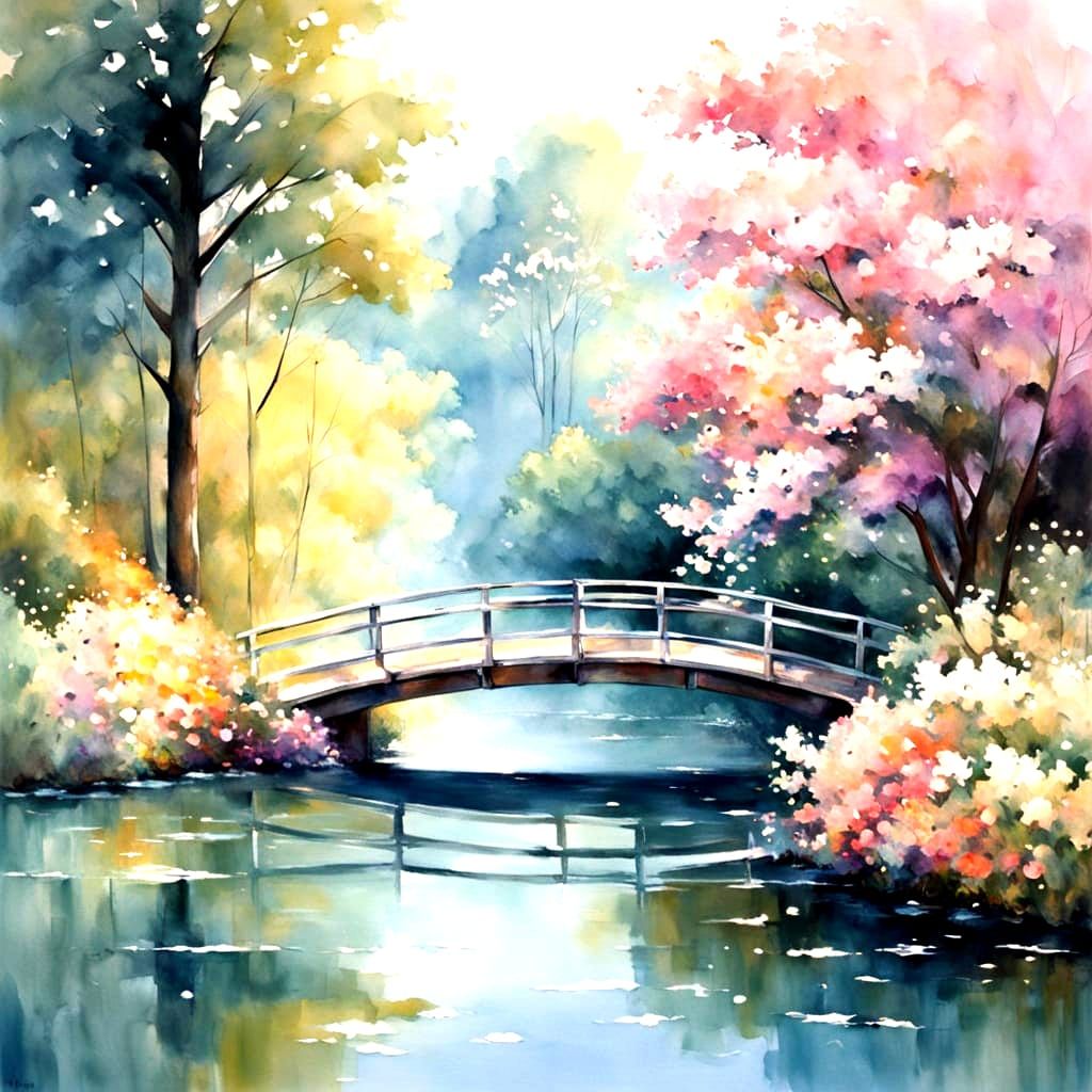 Pastel Lake Scene with Bridge in Gouache Style