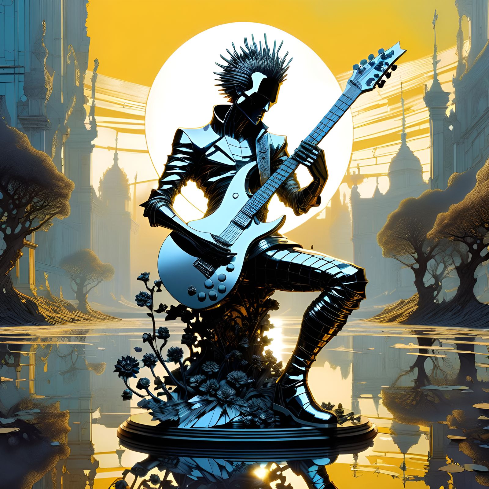 Metallic Punk Guitarist Statue in Surreal Style