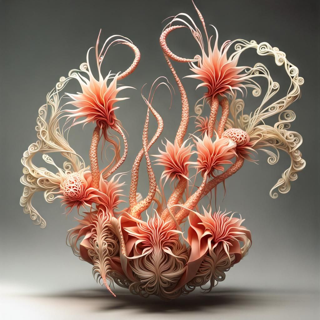 Detailed 3D Ikebana Sculpture with Fractal Origami