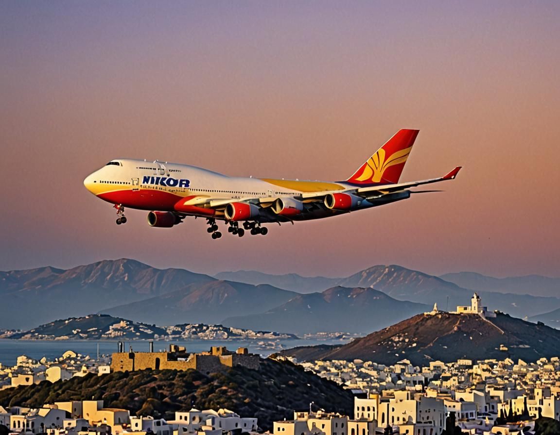 Boeing 747 Descends Over Patmos at Sunset