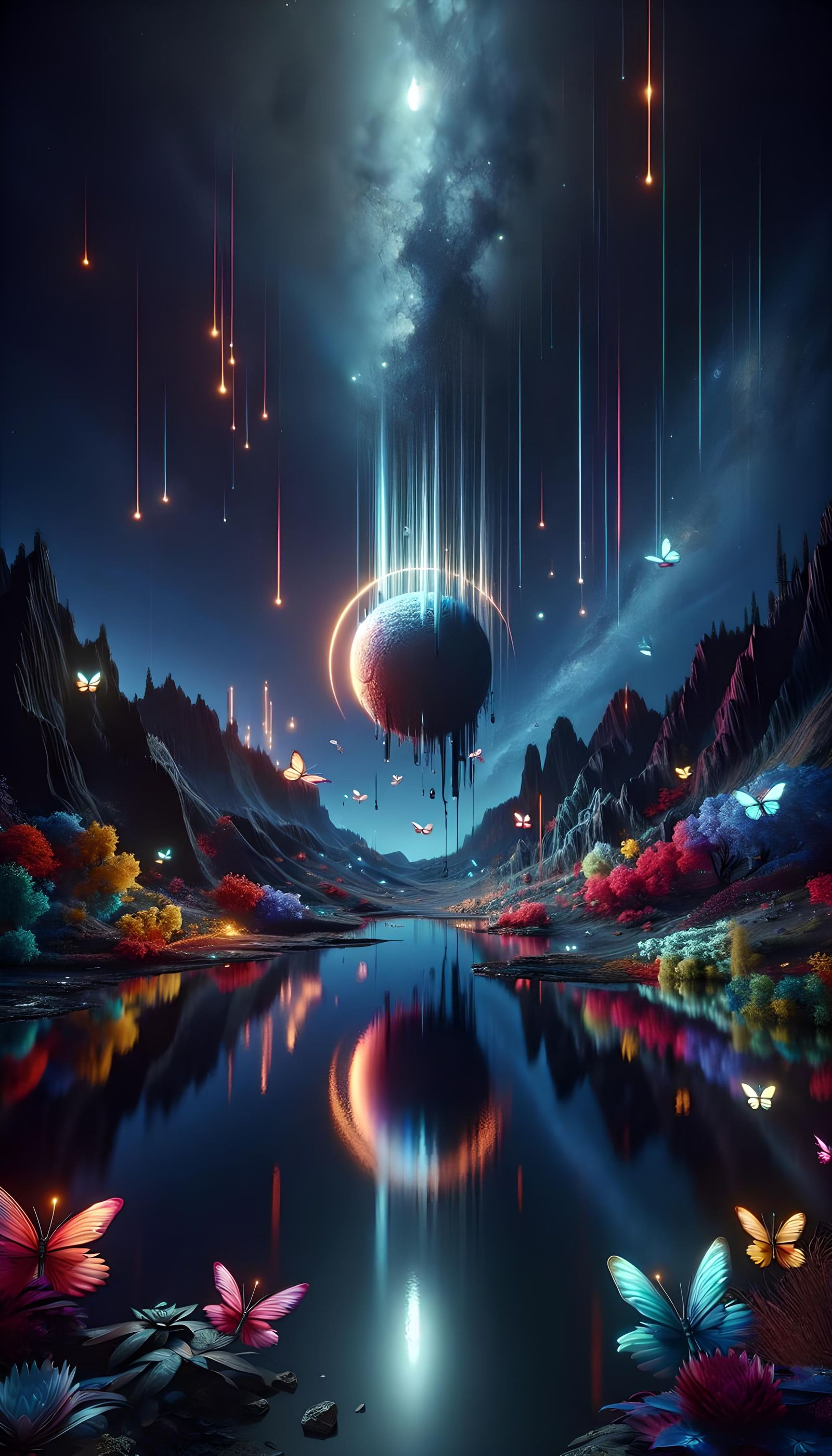 Paint Drip Moon in a Vibrant Night Landscape