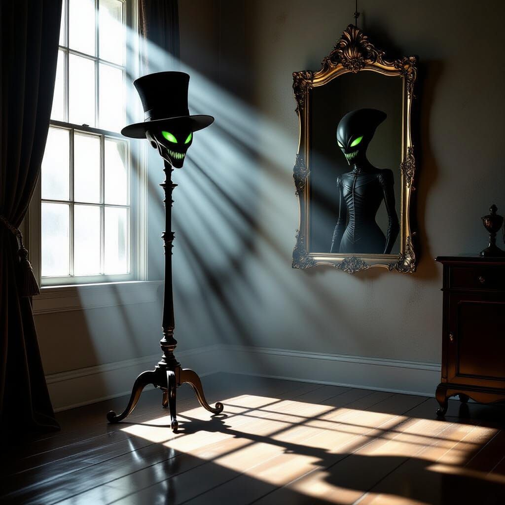 Shadow Alien in Mirror Reflection, Chiaroscuro Style