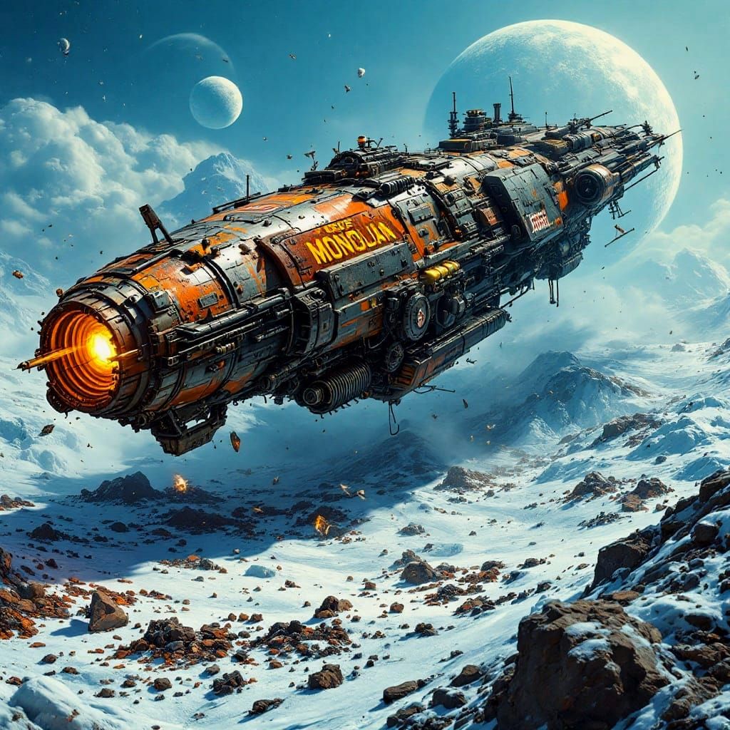 Retro-Futuristic Spaceship on Icy Asteroid