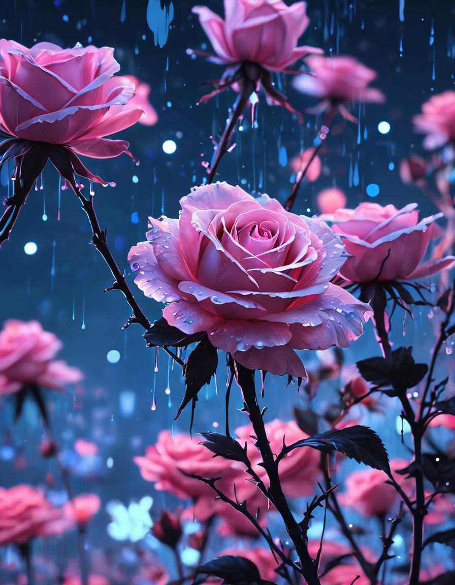 Holographic Roses with Neon Lights in Watercolor Style