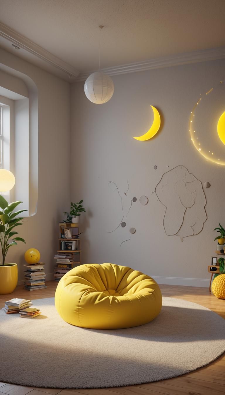 Playful Room with Yellow Moon Beanbag: Pixar-Inspired 3D Art
