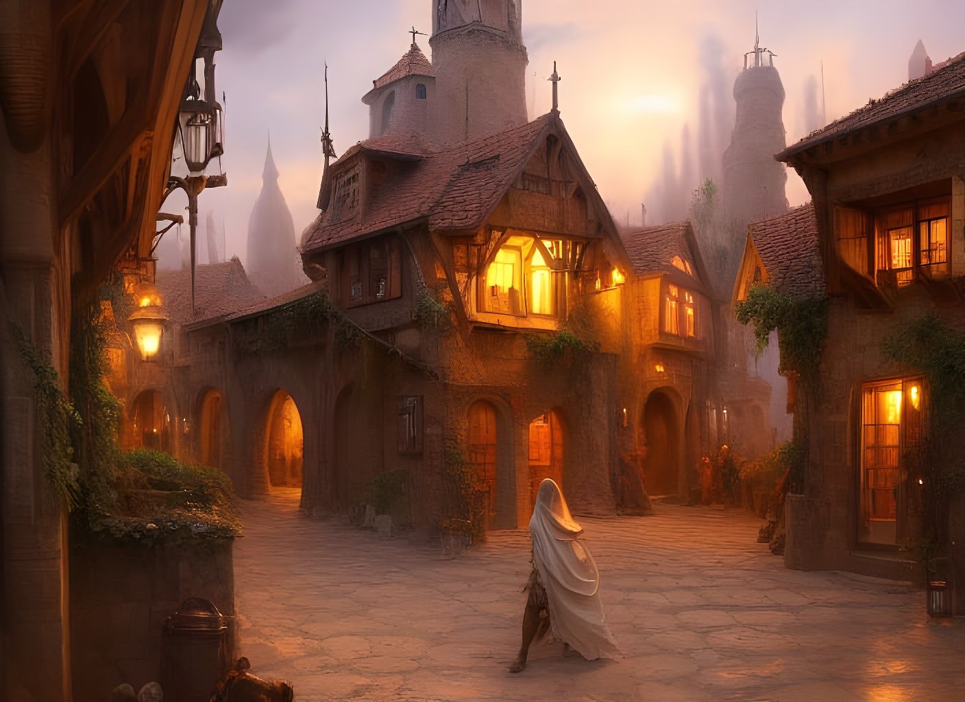 Charming Medieval Village in Desert Oil Painting