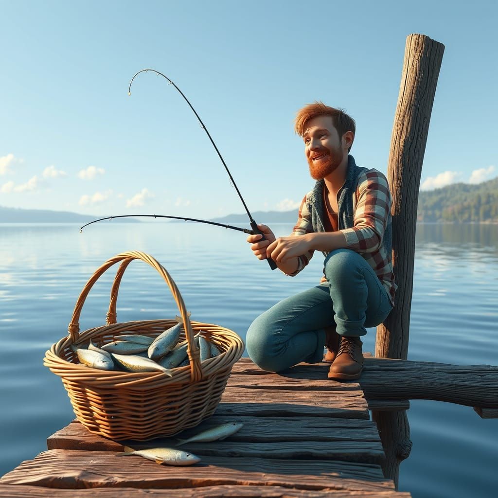 Father and Son Fishing on Lake in 3D