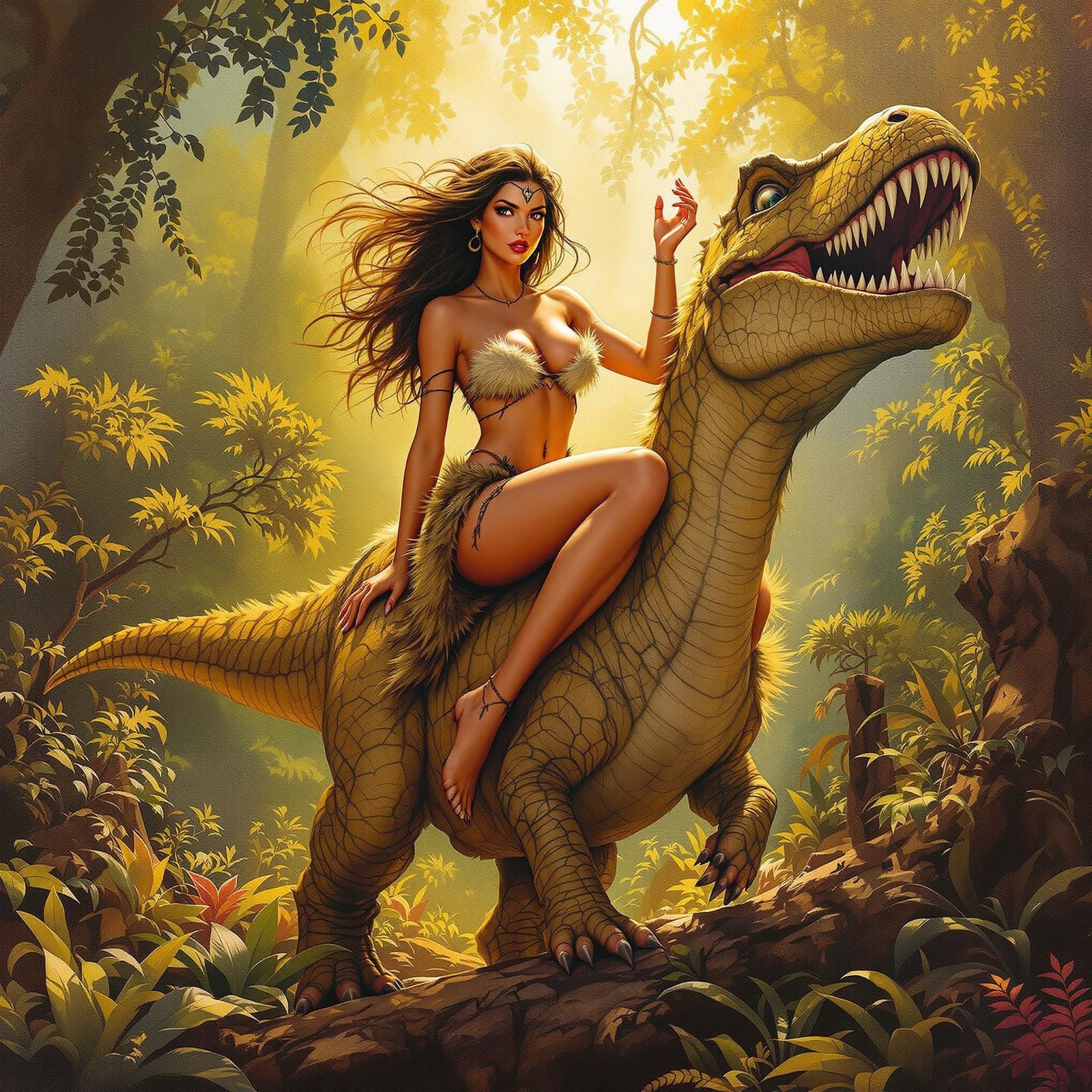 Cavewoman Rides Dinosaur in Lush Prehistoric Jungle