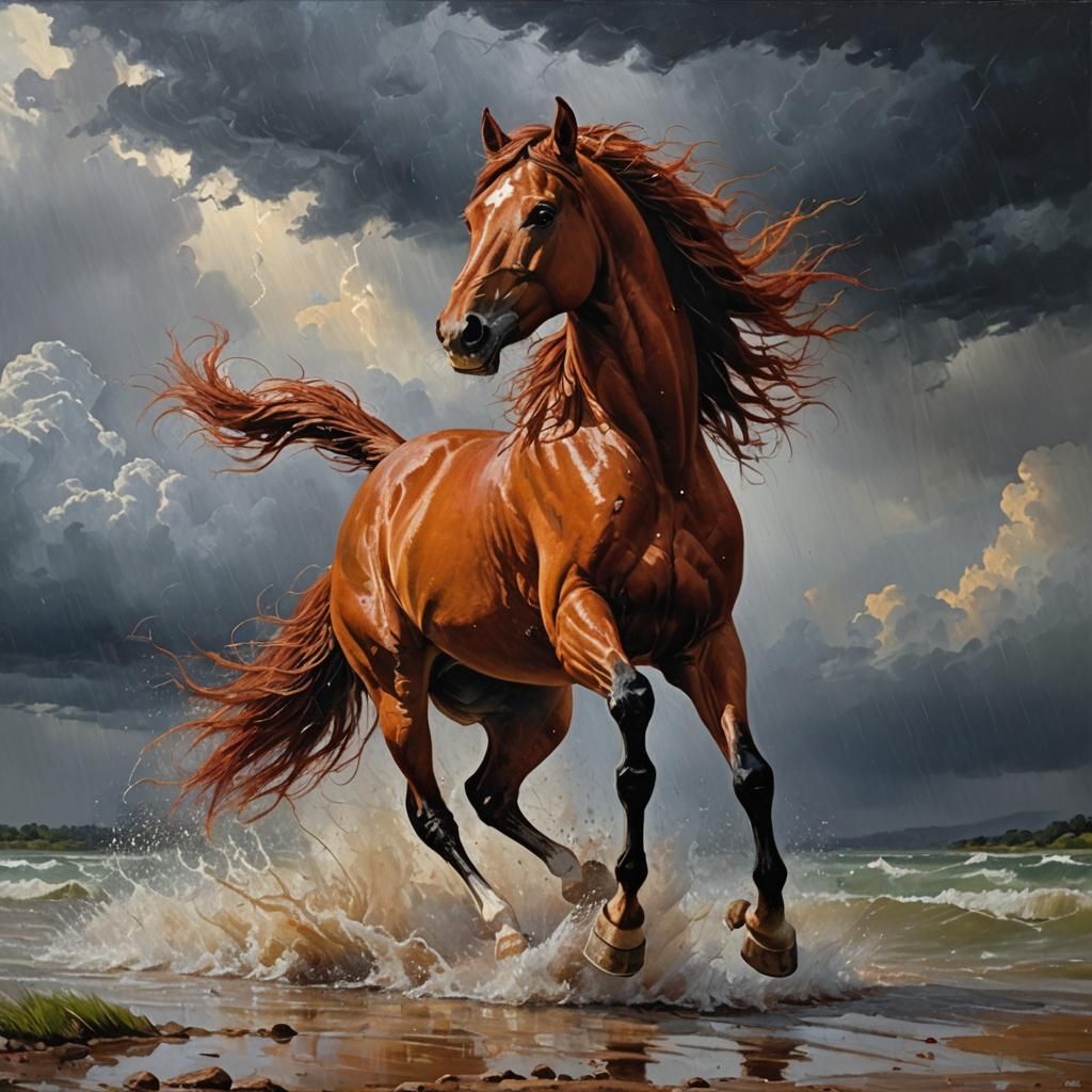Majestic Red Horse Galloping in Storm, Hyperrealistic Oil Pa...