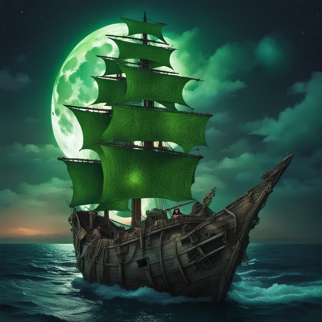 Leaf-Adorned Woman on Wrecked Ship Under Moonlight