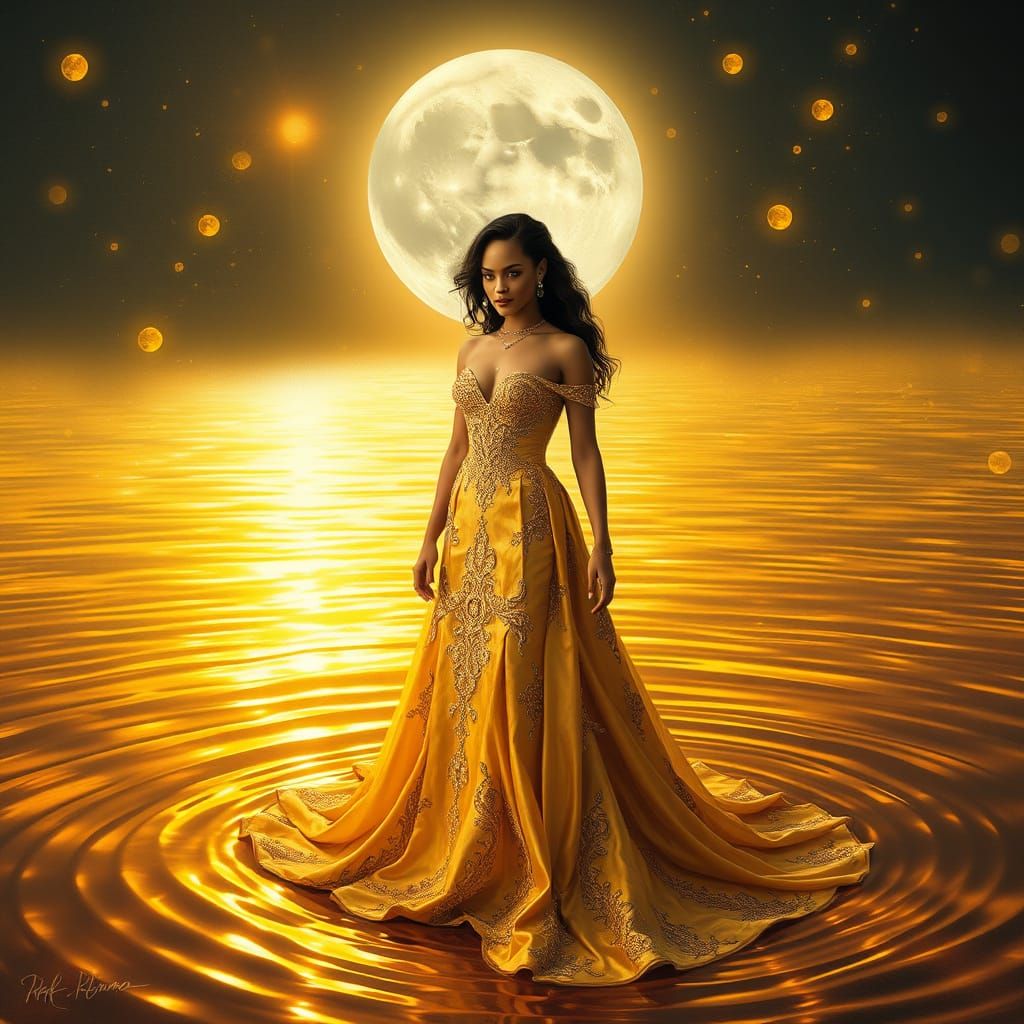 Golden Goddess in a Dreamy River Landscape