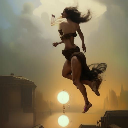 Surreal Steampunk Woman Running in Oil on Canvas