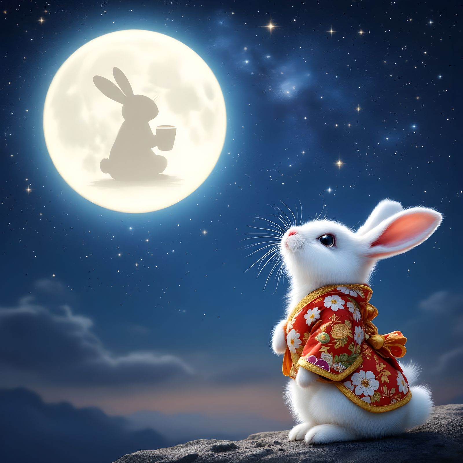 Adorable Moon Rabbit Gazes at Japanese Folklore Figure