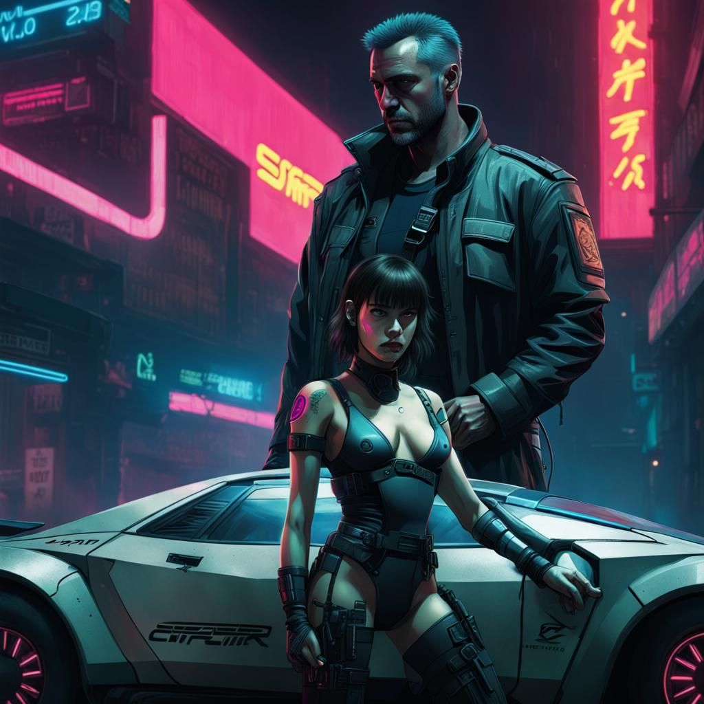 Cyberpunk Cityscape with Cop and Woman