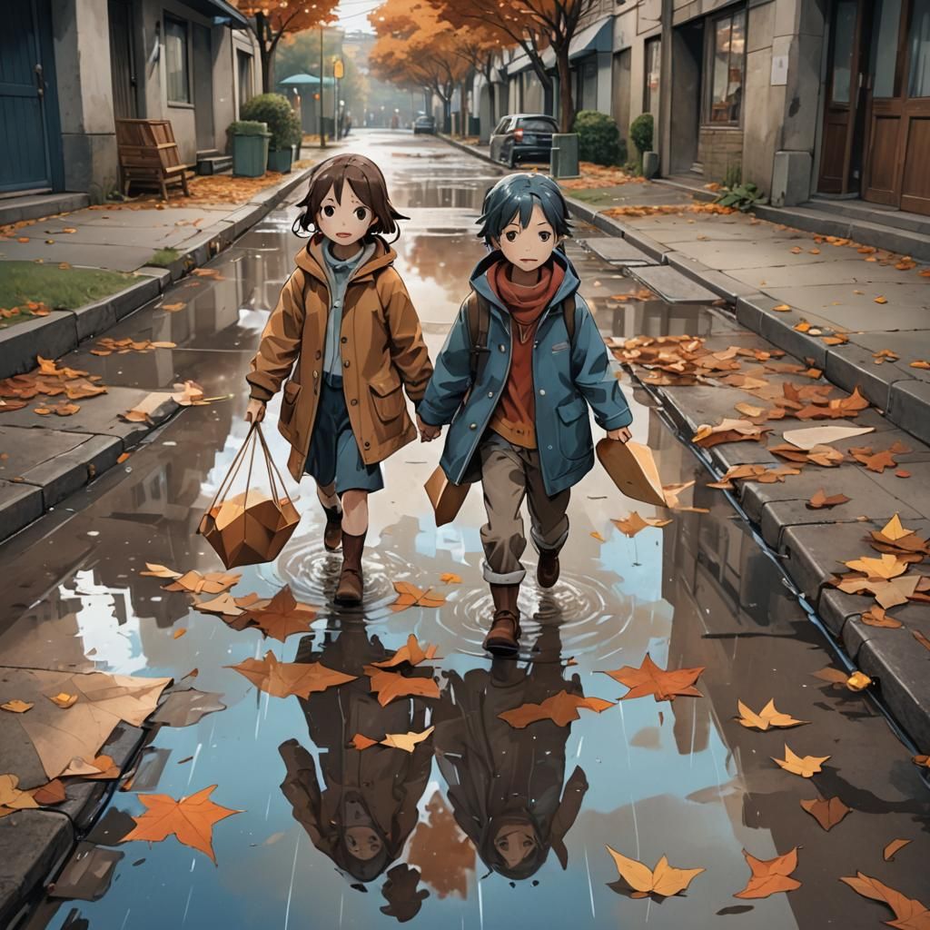 Autumnal Manga Scene of Children Sailing Boat