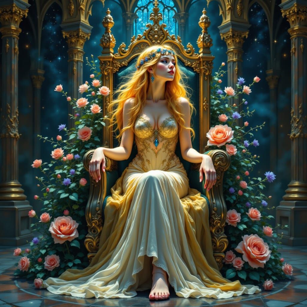 Celestial Goddess on Obsidian Throne in Art Nouveau Style