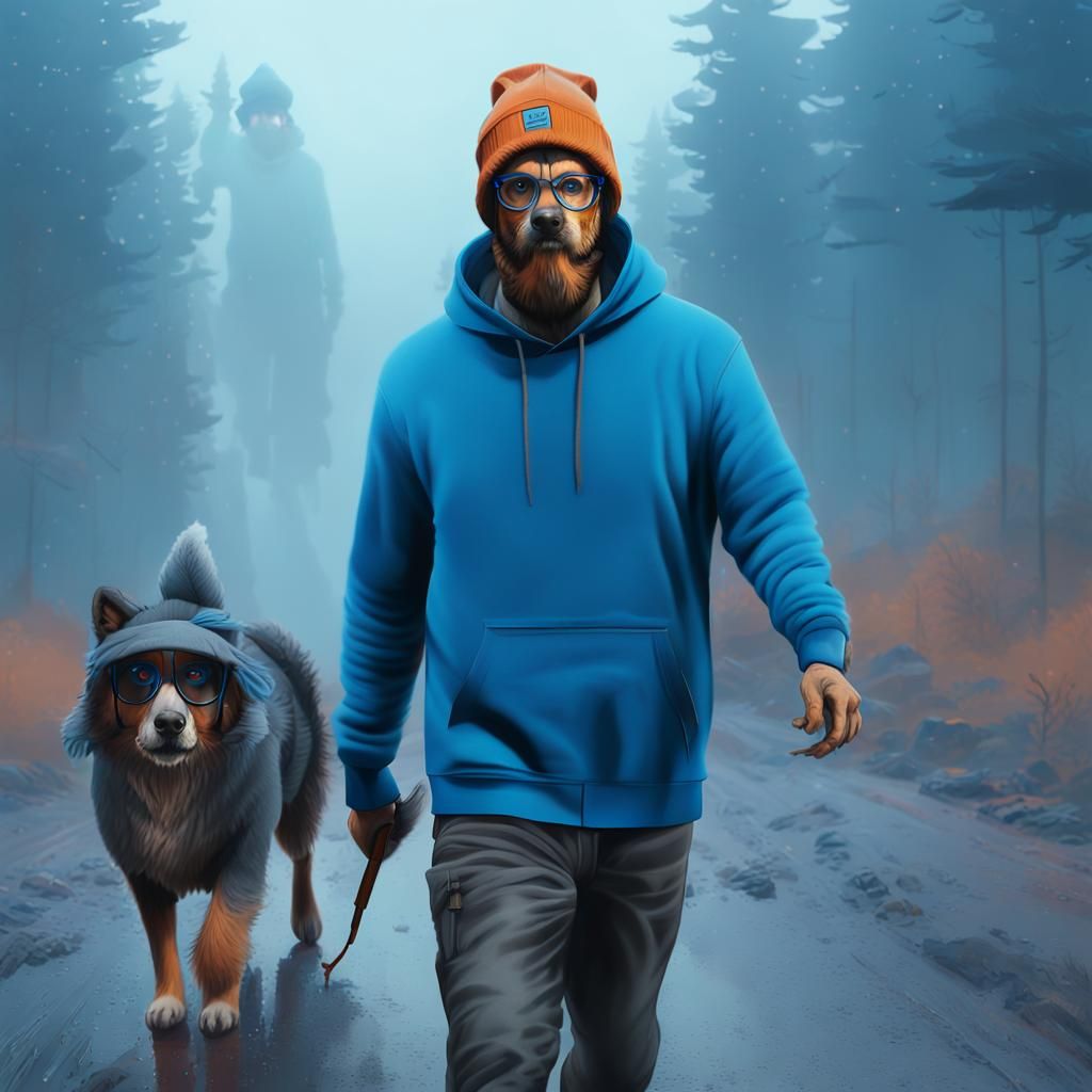 Man Walks Dog in Dreamy Fantasy Landscape