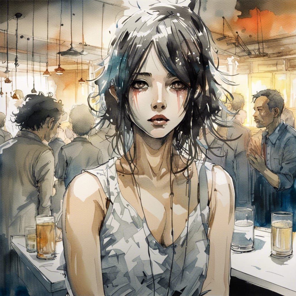 Anime Girl at Buenos Aires Party in Watercolor Style